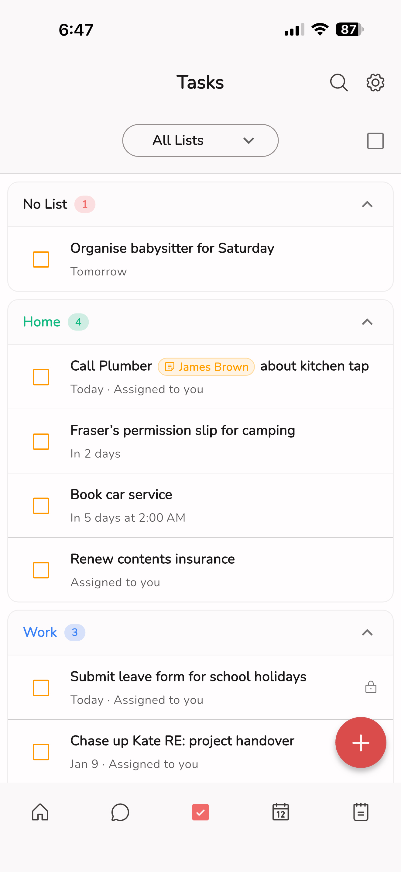 Tasks screen